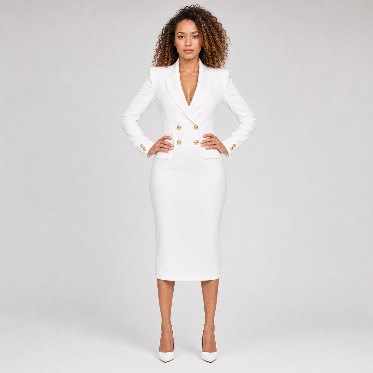 Women's Elegant Double-Breasted V-Neck Knee-Length Dress – Nivalho Studio