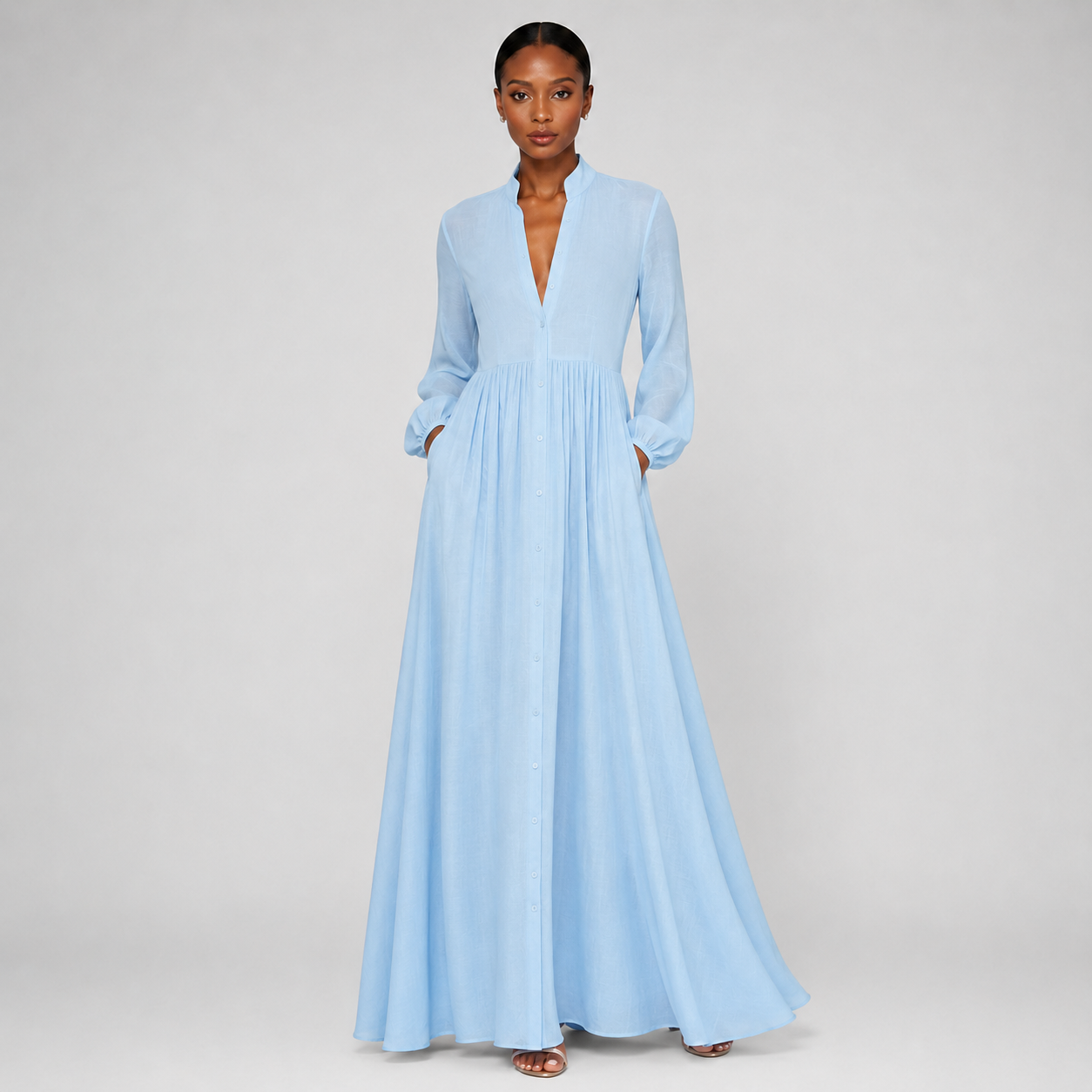 summer dresses long sleeve maxi Women's Elegant Lantern Button Front Floor-Length Dress – Nivalho Studio Color:Green/Siver/Turquoise Articles of Style | up or styled for SCH005223_GO_M