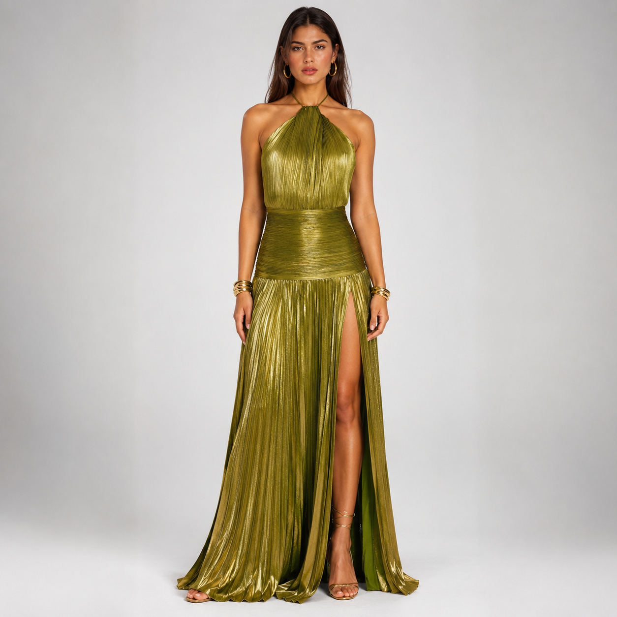 Women's Pleated Corset Halter Off Shoulder Split Maxi Dress