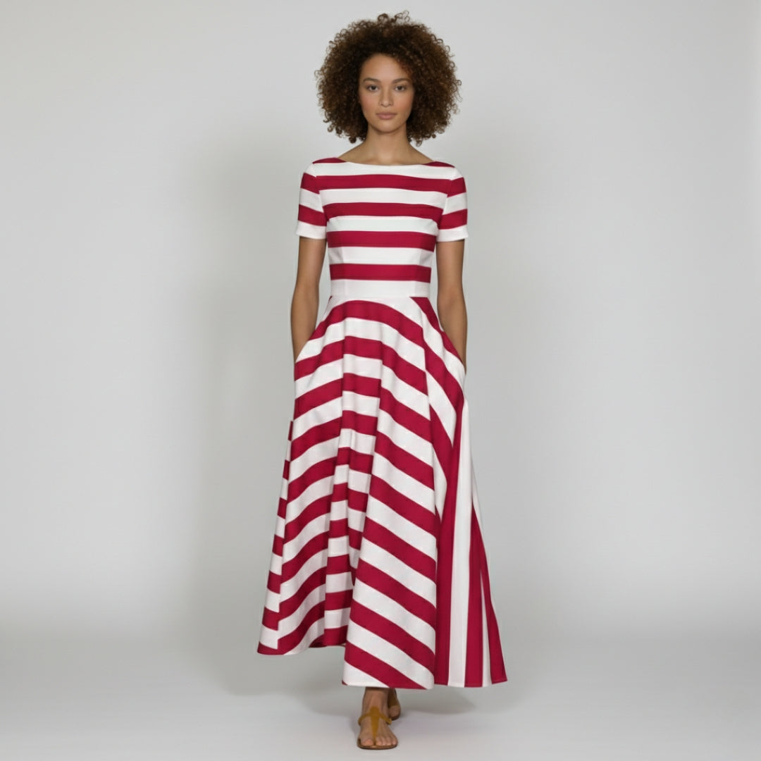 CAMILLE Striped A-Line Split Neck Midi Dress