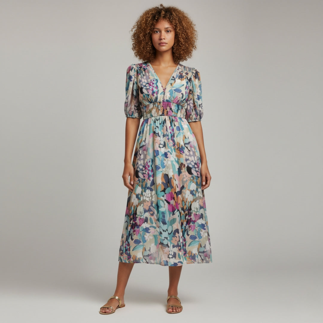 CAMILLE V-Neck Puff Sleeve Midi Dress