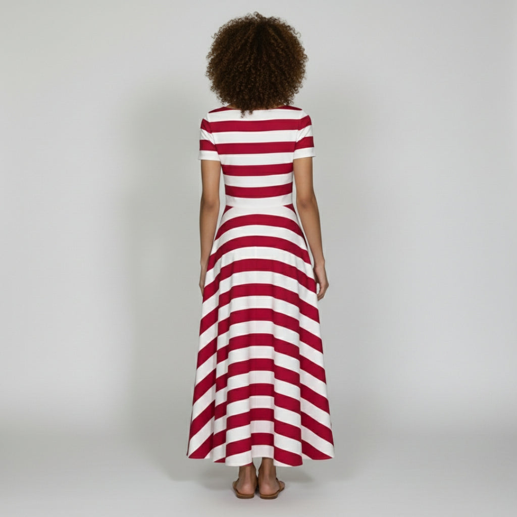 CAMILLE Striped A-Line Split Neck Midi Dress