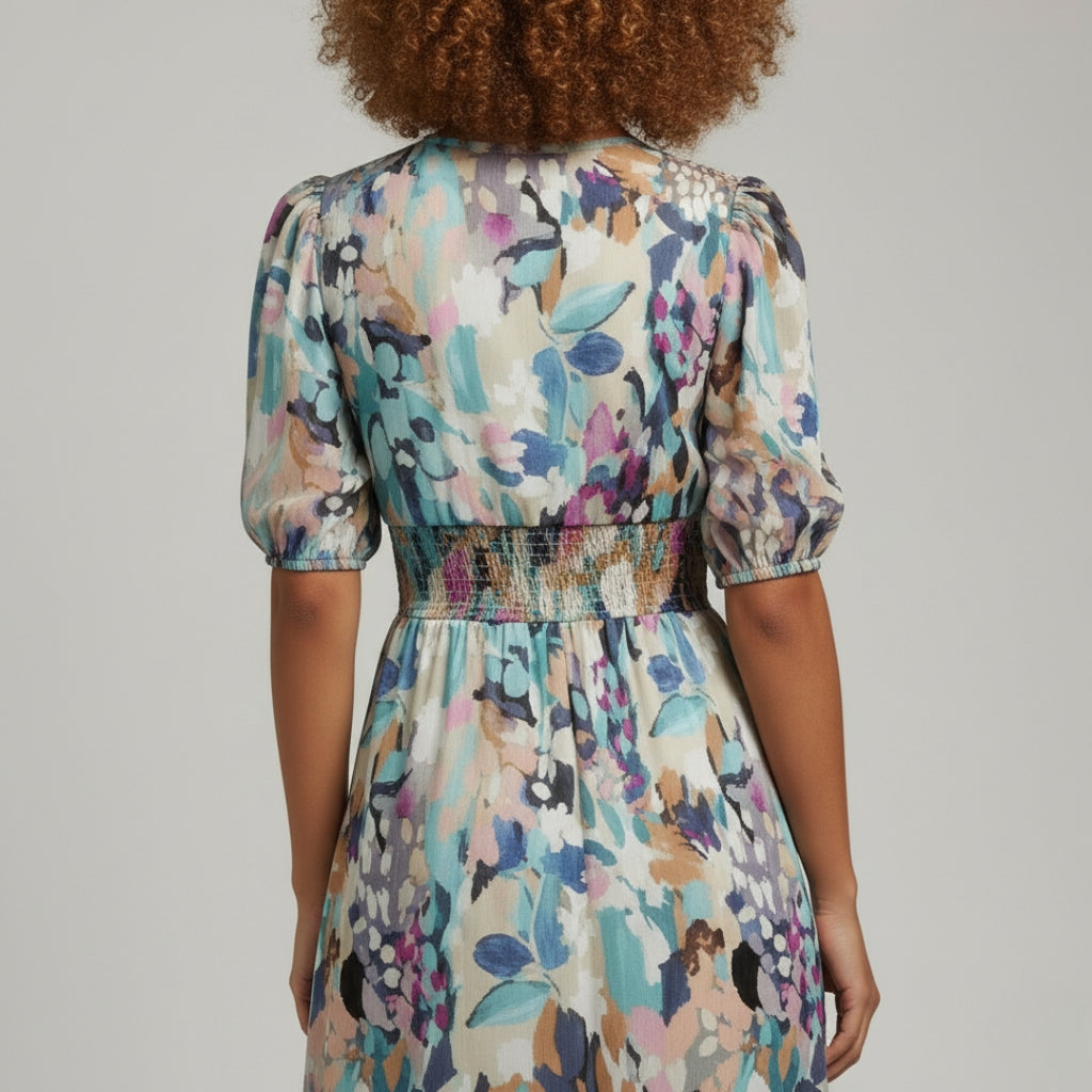 CAMILLE V-Neck Puff Sleeve Midi Dress