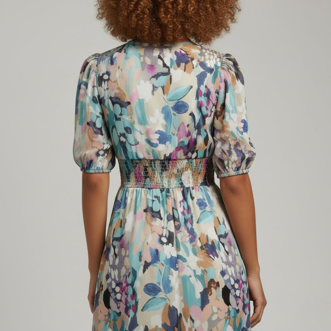 CAMILLE V-Neck Puff Sleeve Midi Dress