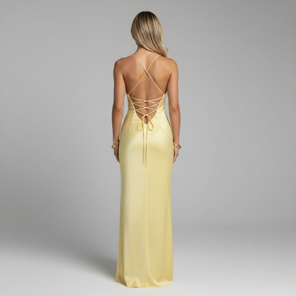 DAPHNE Backless V Neck Satin Maxi Dress