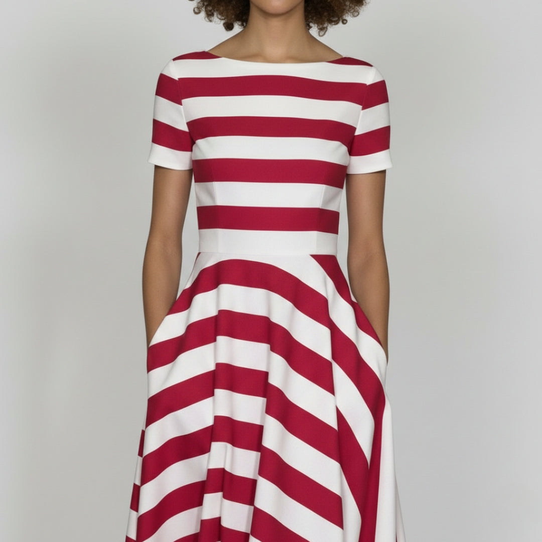 CAMILLE Striped A-Line Split Neck Midi Dress