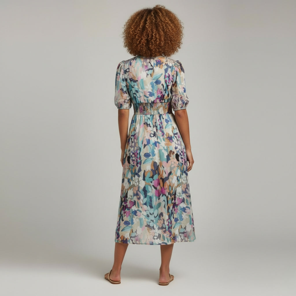 CAMILLE V-Neck Puff Sleeve Midi Dress