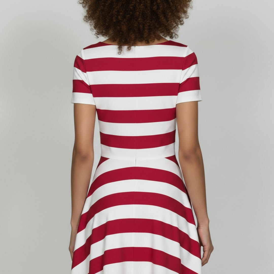 CAMILLE Striped A-Line Split Neck Midi Dress