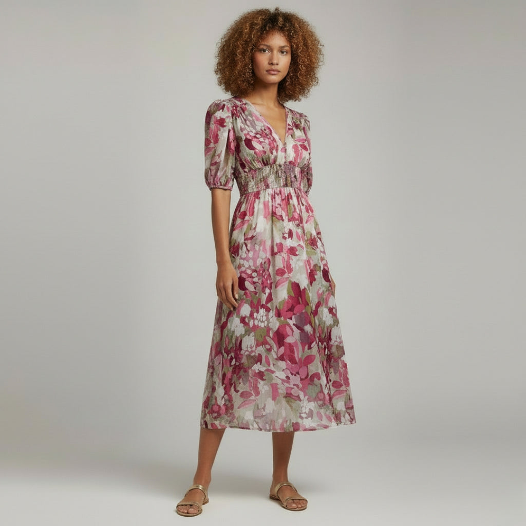 CAMILLE V-Neck Puff Sleeve Midi Dress