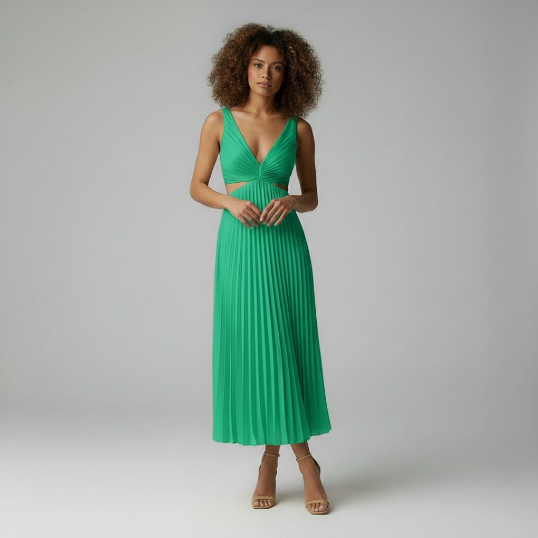 v neck pleated dress Womens V-Neck Pleated Midi Dress Sleeveless Zip Polyester Elastane – Nivalho Studio