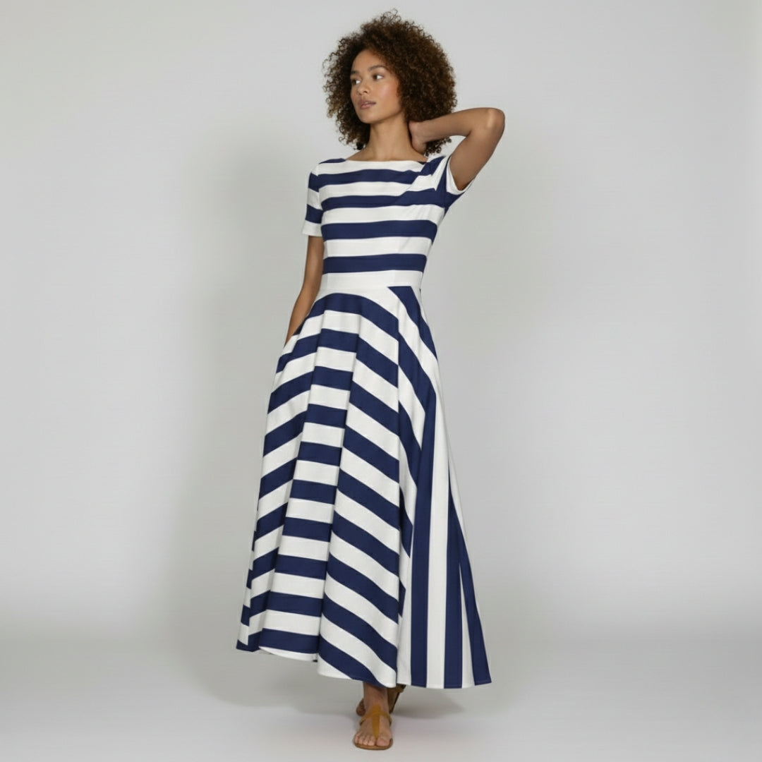 CAMILLE Striped A-Line Split Neck Midi Dress