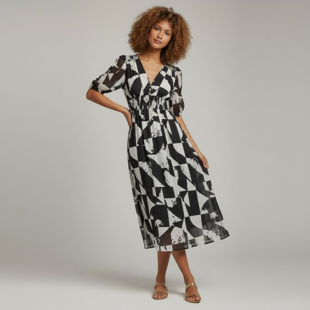 CAMILLE V-Neck Puff Sleeve Midi Dress
