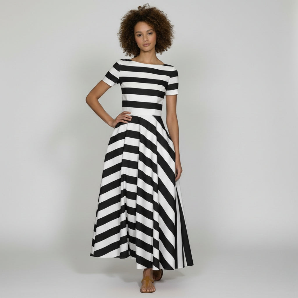 CAMILLE Striped A-Line Split Neck Midi Dress