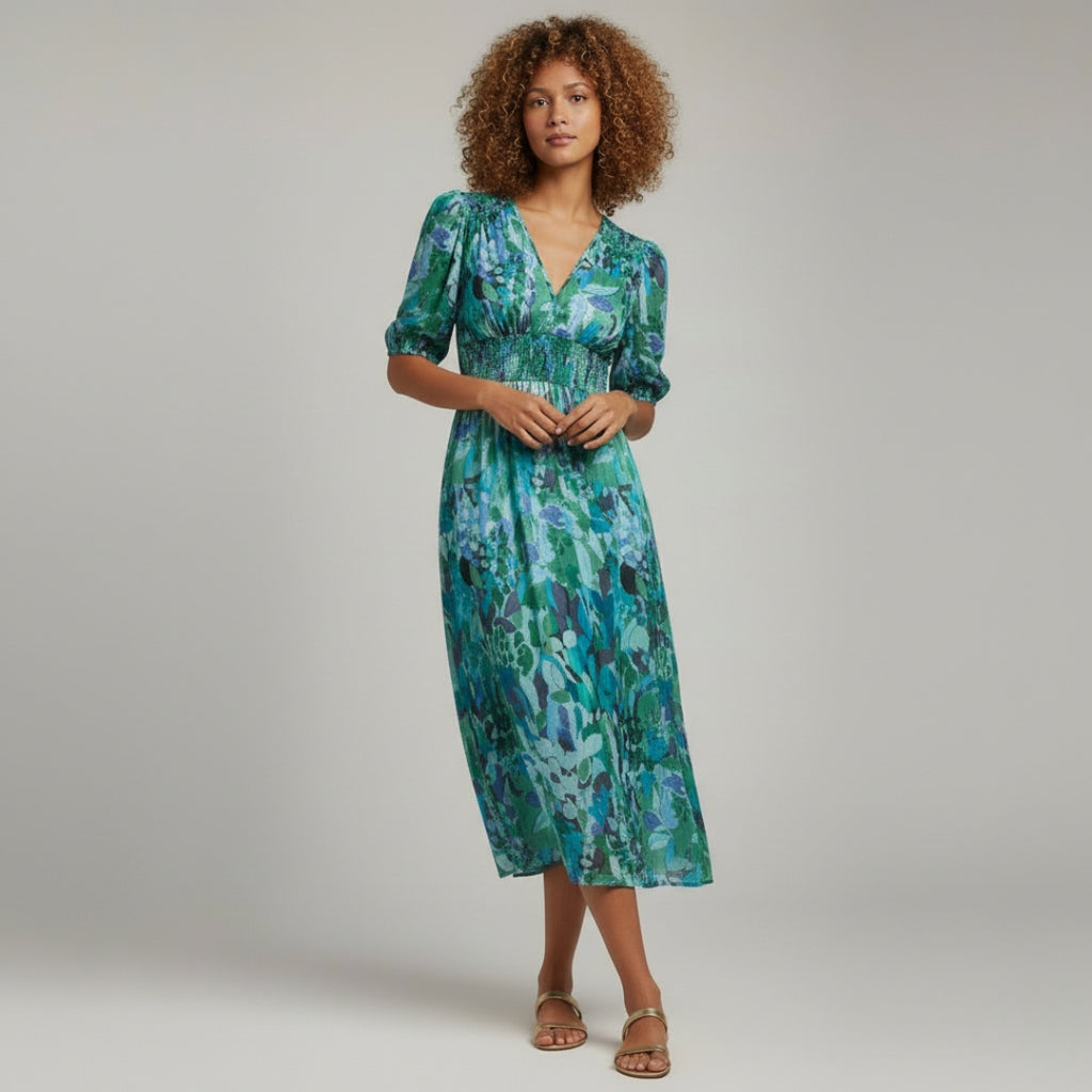 CAMILLE V-Neck Puff Sleeve Midi Dress