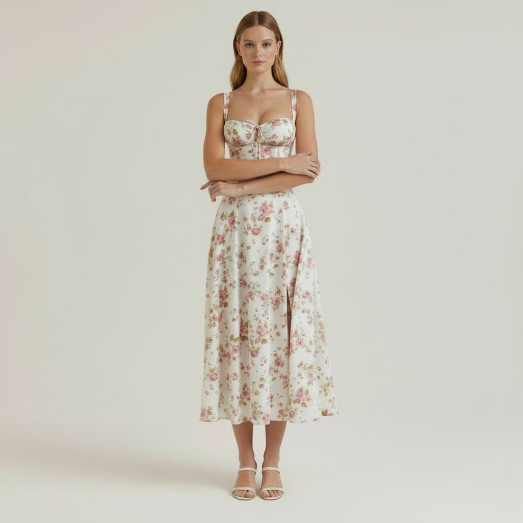 LUNA Floral Sweetheart Midi Dress