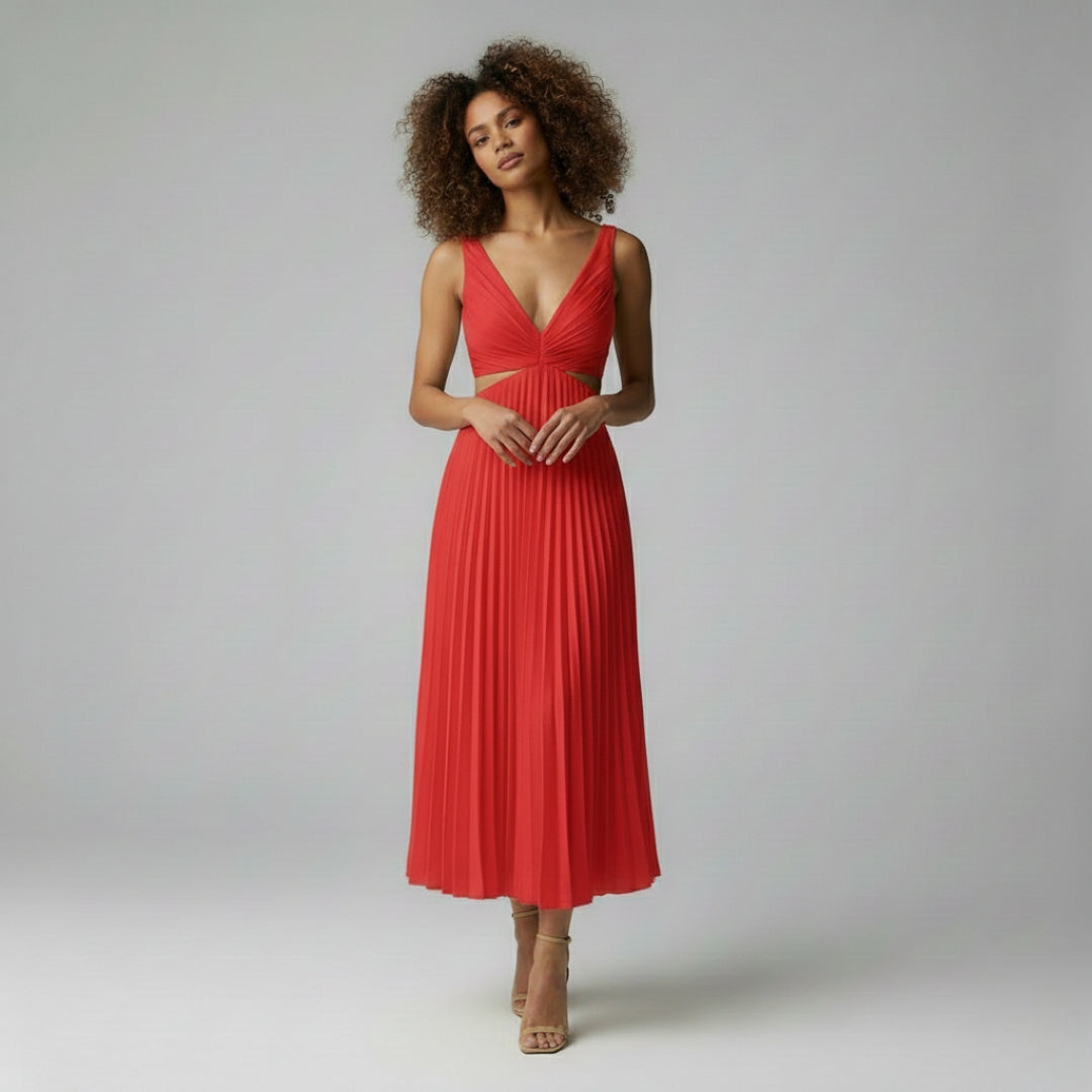Womens V-Neck Pleated Midi Dress Sleeveless Zip Polyester Elastane – Nivalho Studio
