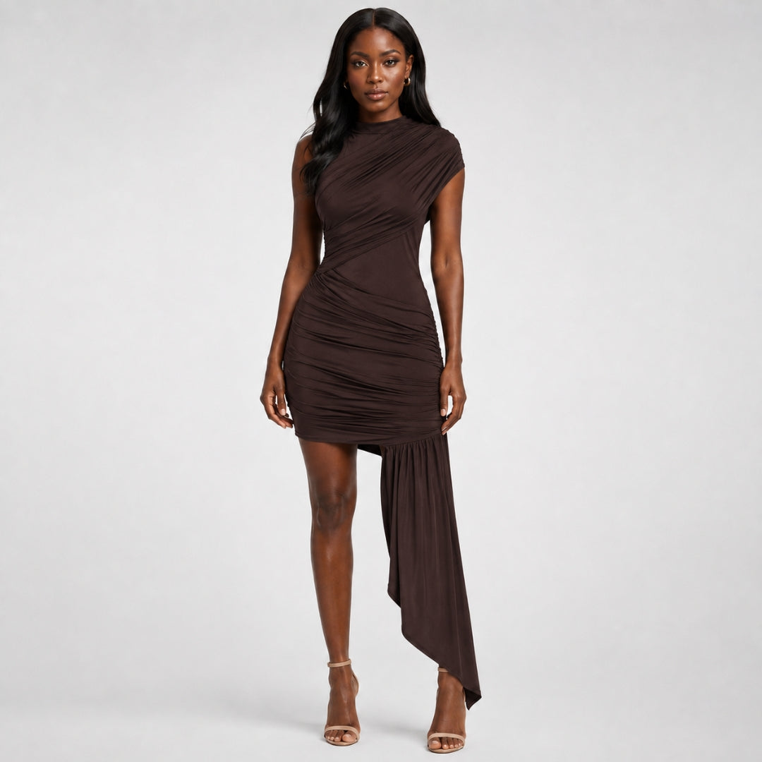 brown turtleneck mini dress Women's Chic Pleated Lightweight Fabric Slim Fit – Nivalho Studio SIZ:40 high boots cf-female-2x22 Sizing Charts