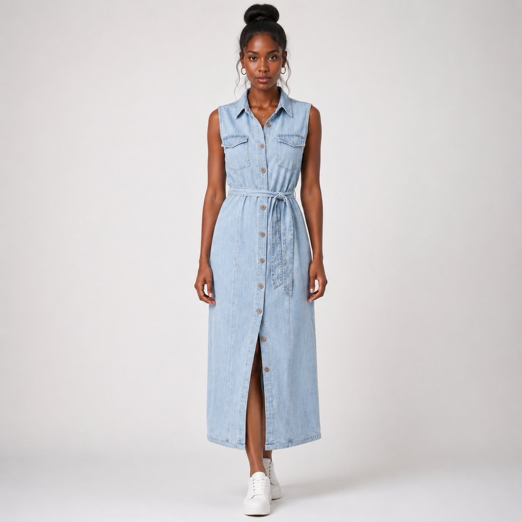 AURELIA Button-Front Denim Maxi Dress