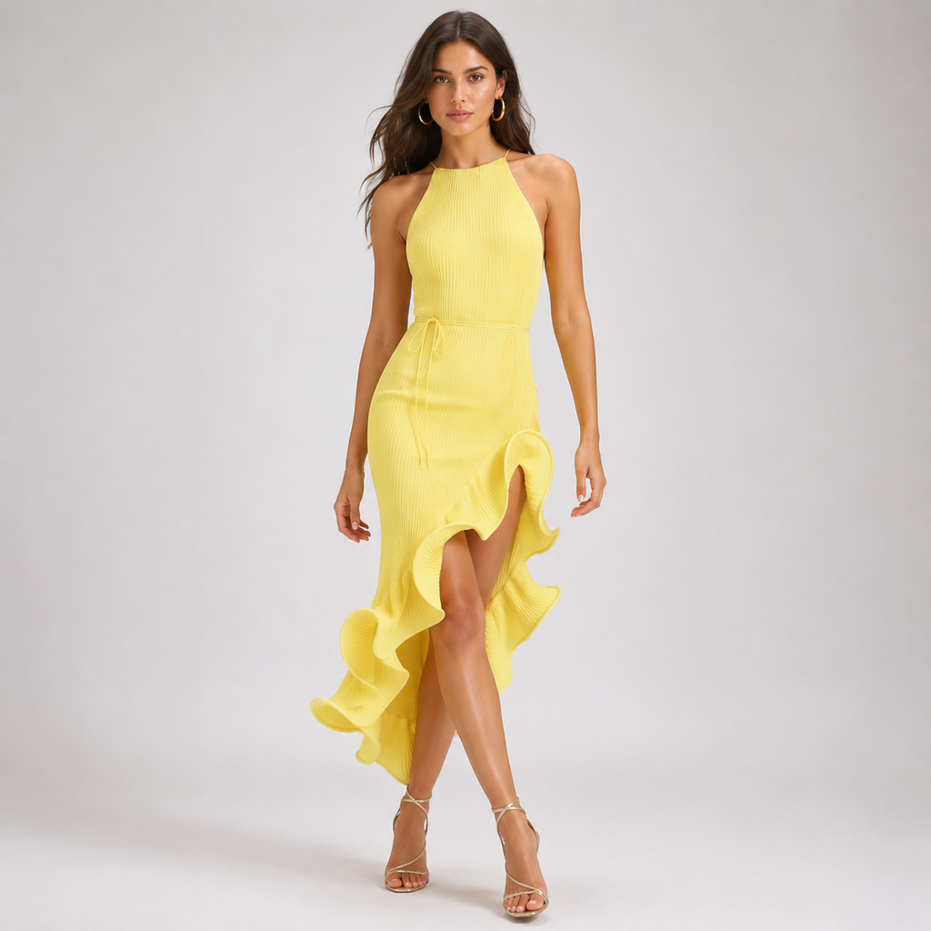 BRINDA Halter Ruffle Maxi Dress