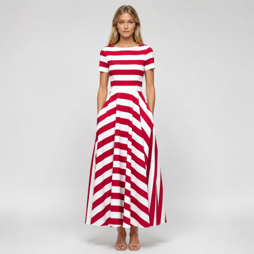 CAMILLE Striped A-Line Split Neck Midi Dress