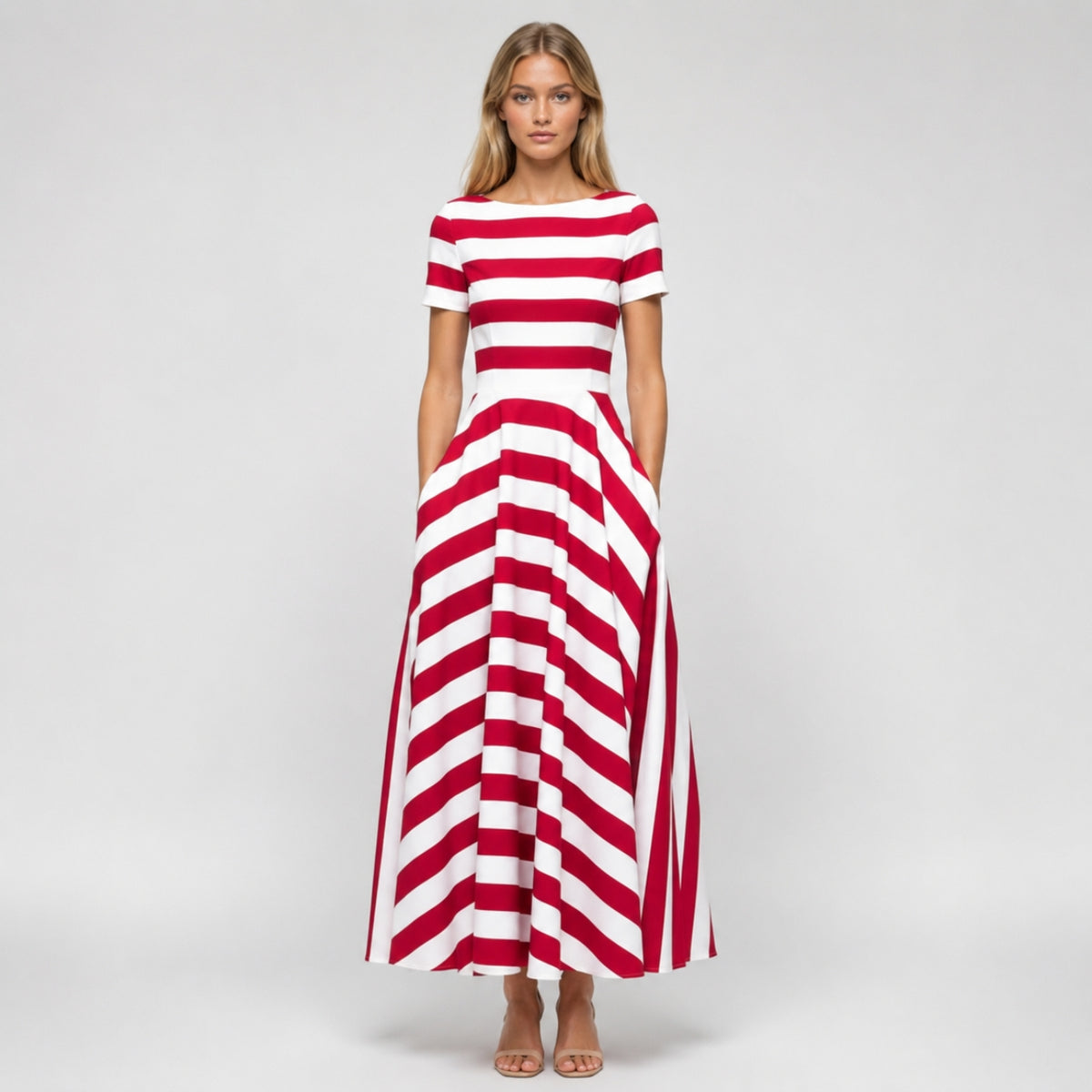 CAMILLE Striped A-Line Split Neck Midi Dress