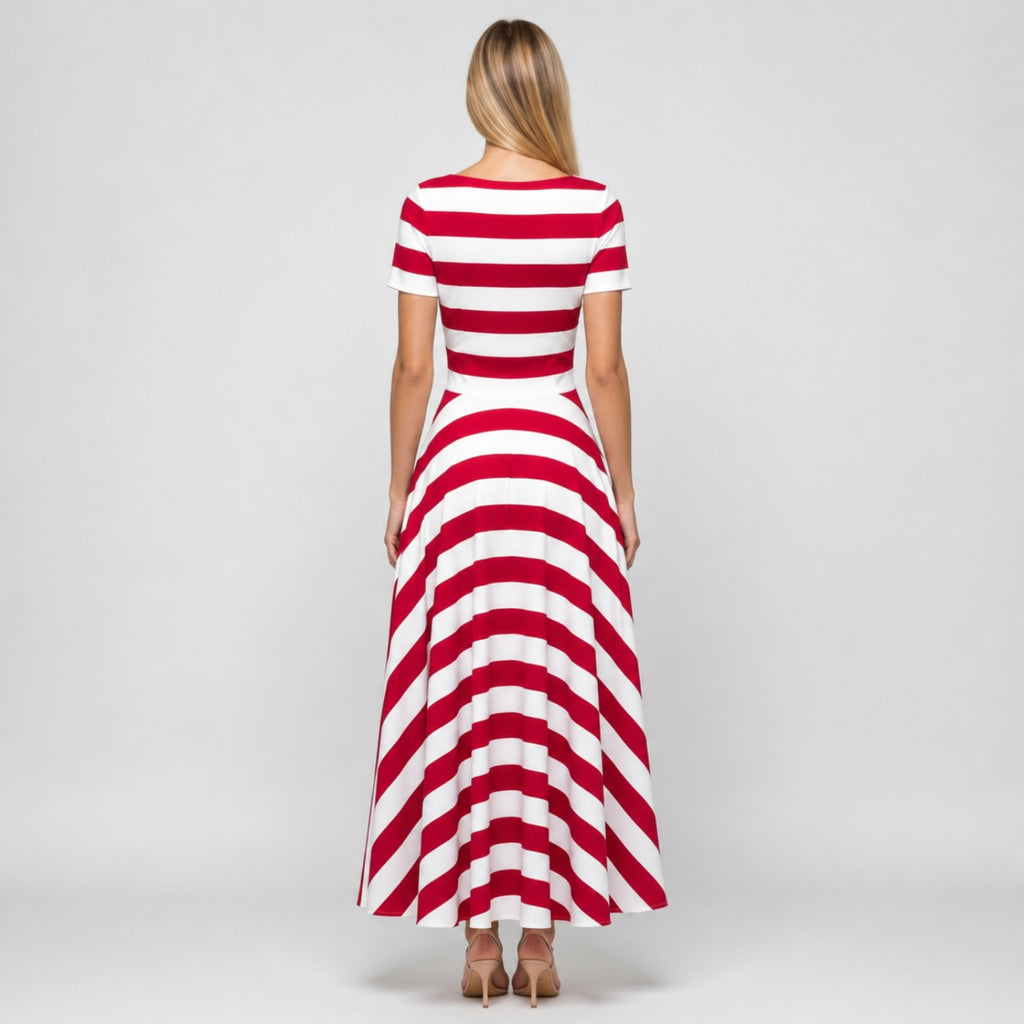 CAMILLE Striped A-Line Split Neck Midi Dress