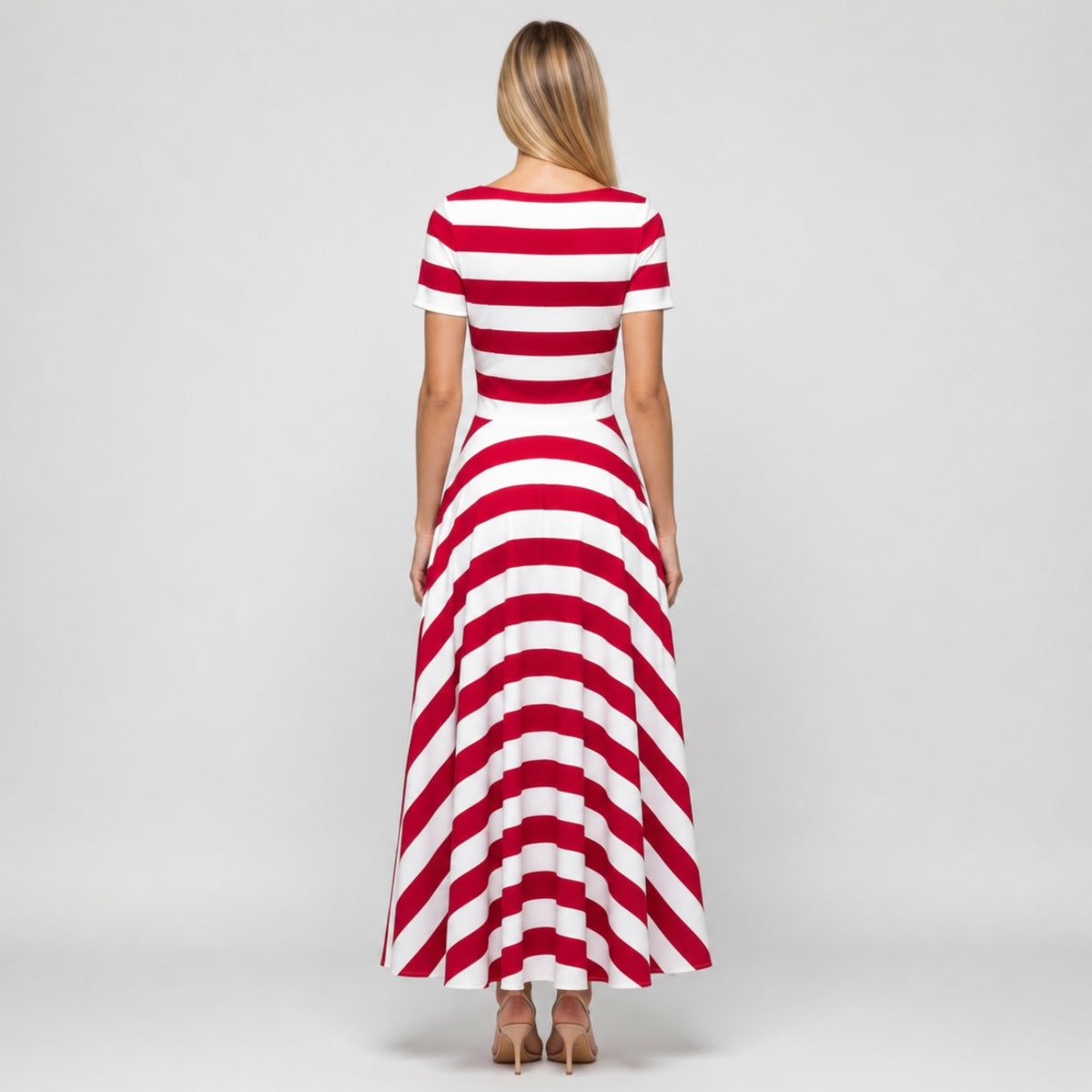 CAMILLE Striped A-Line Split Neck Midi Dress