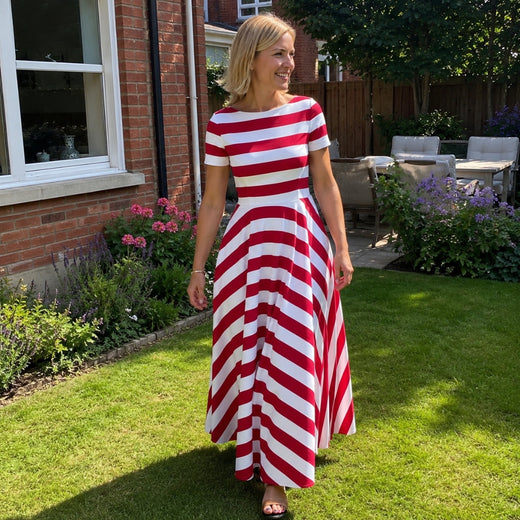 Customer wearing CAMILLE Striped A-Line Split Neck Midi Dress