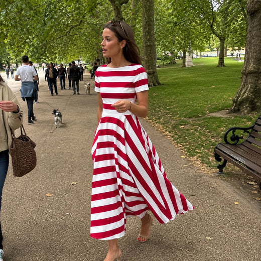 Customer wearing CAMILLE Striped A-Line Split Neck Midi Dress