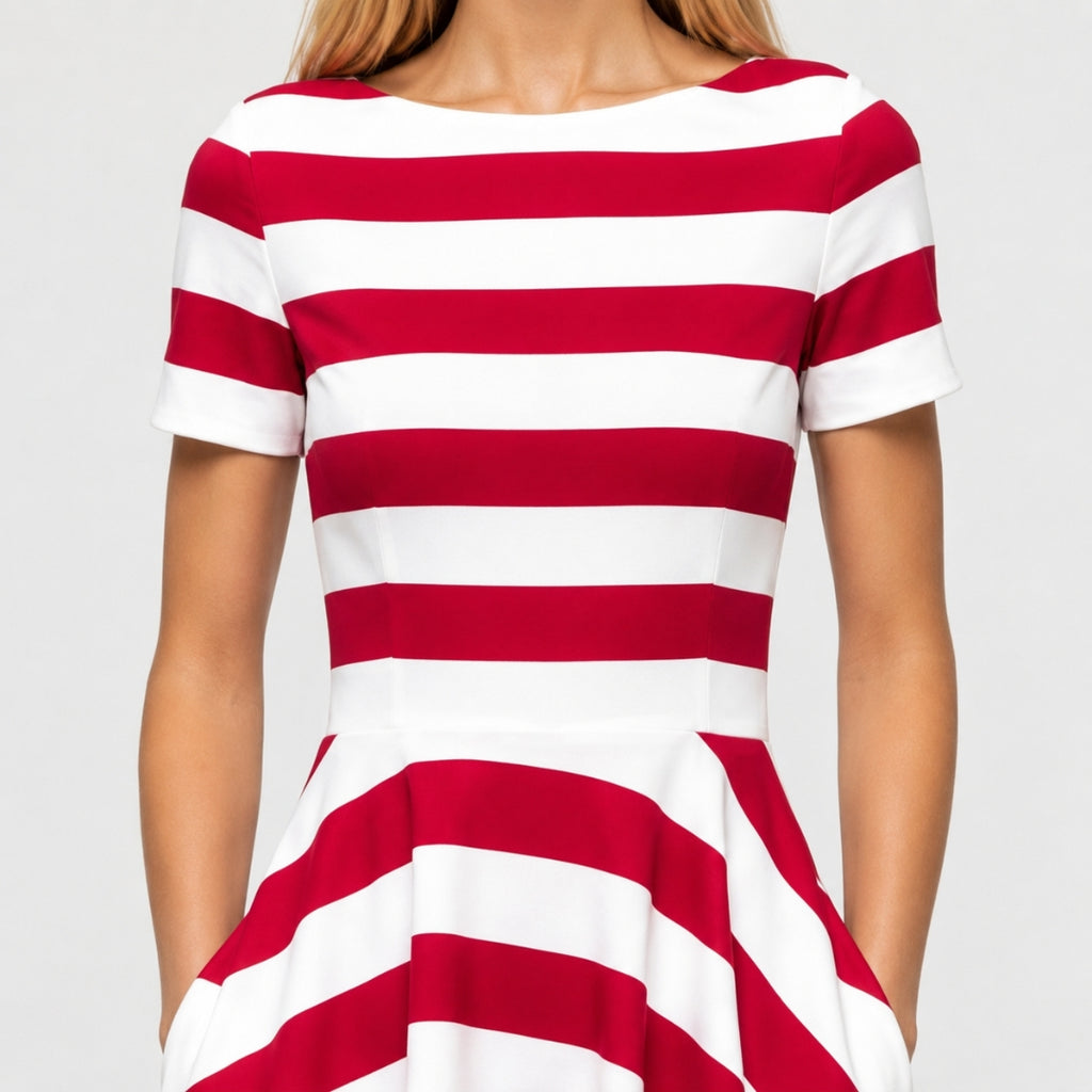 CAMILLE Striped A-Line Split Neck Midi Dress