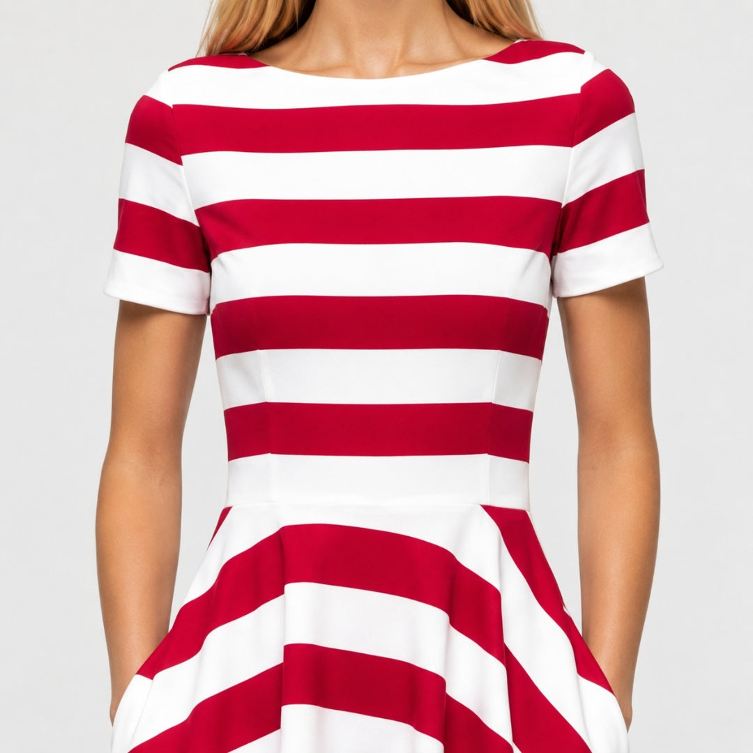 CAMILLE Striped A-Line Split Neck Midi Dress