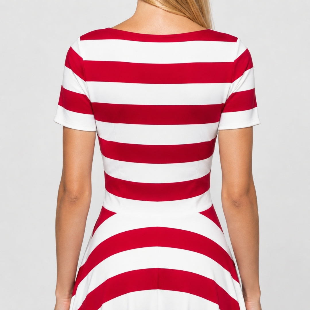 CAMILLE Striped A-Line Split Neck Midi Dress
