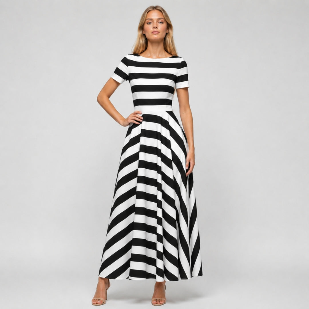 CAMILLE Striped A-Line Split Neck Midi Dress