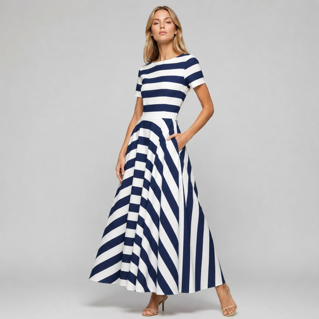 CAMILLE Striped A-Line Split Neck Midi Dress