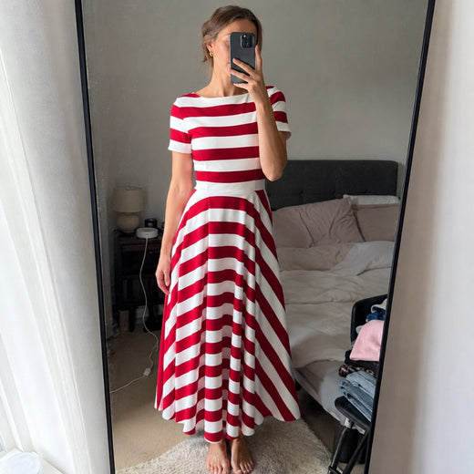 Customer wearing CAMILLE Striped A-Line Split Neck Midi Dress
