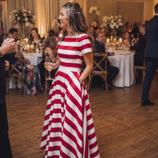 Customer wearing CAMILLE Striped A-Line Split Neck Midi Dress