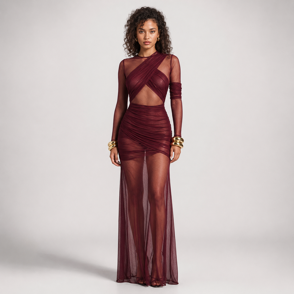 CORDELIA Ruched Mesh Maxi Dress