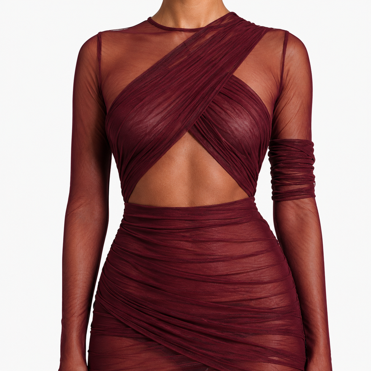 CORDELIA Ruched Mesh Maxi Dress