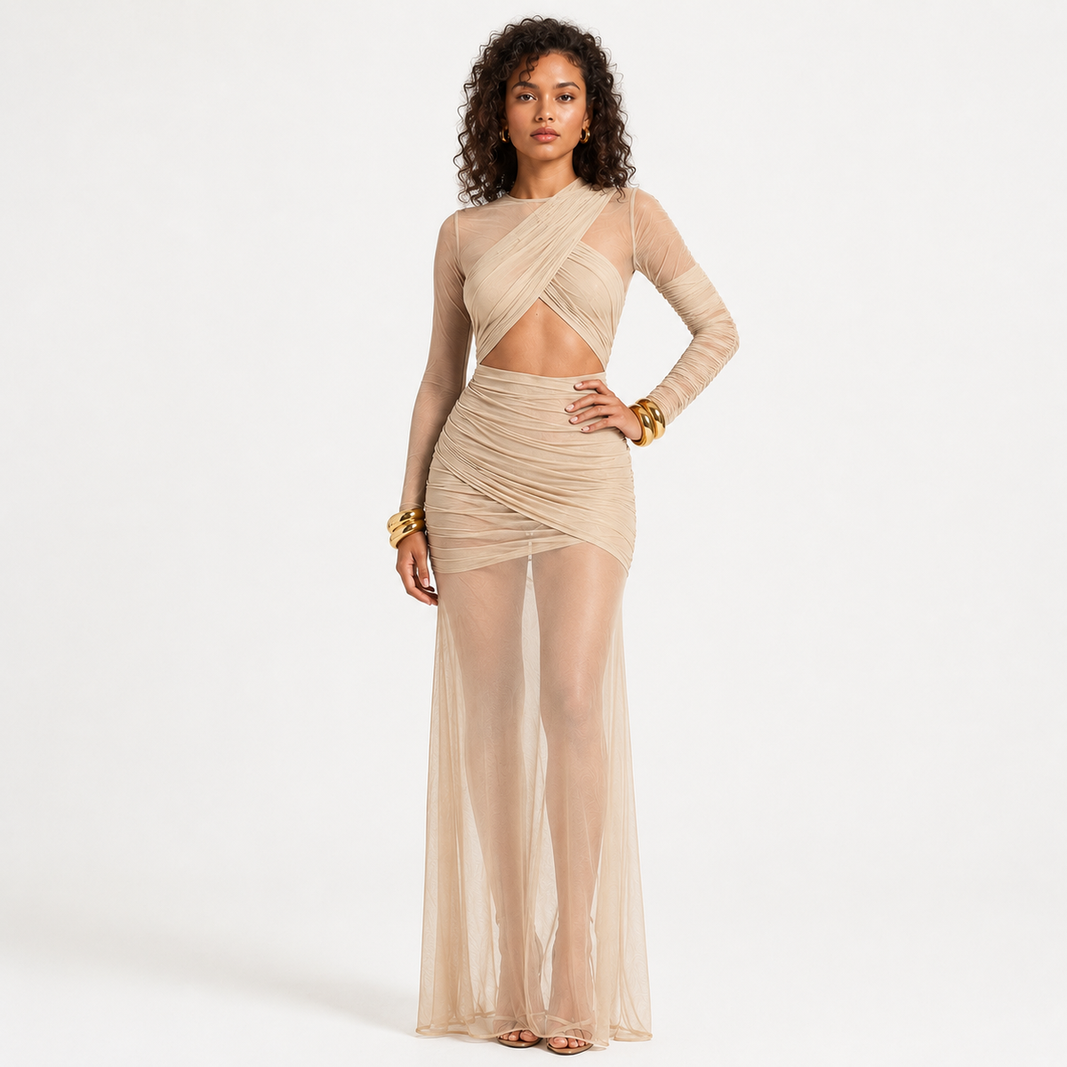 CORDELIA Ruched Mesh Maxi Dress