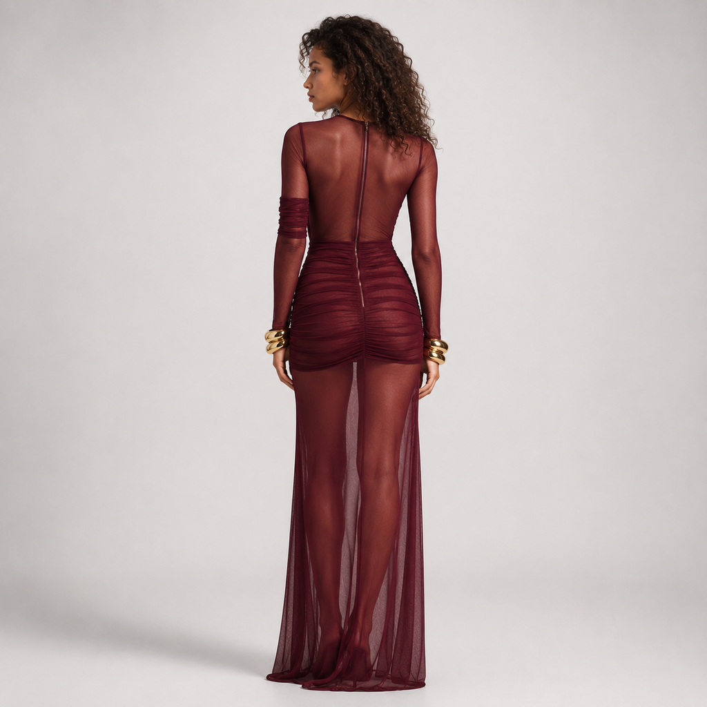 CORDELIA Ruched Mesh Maxi Dress
