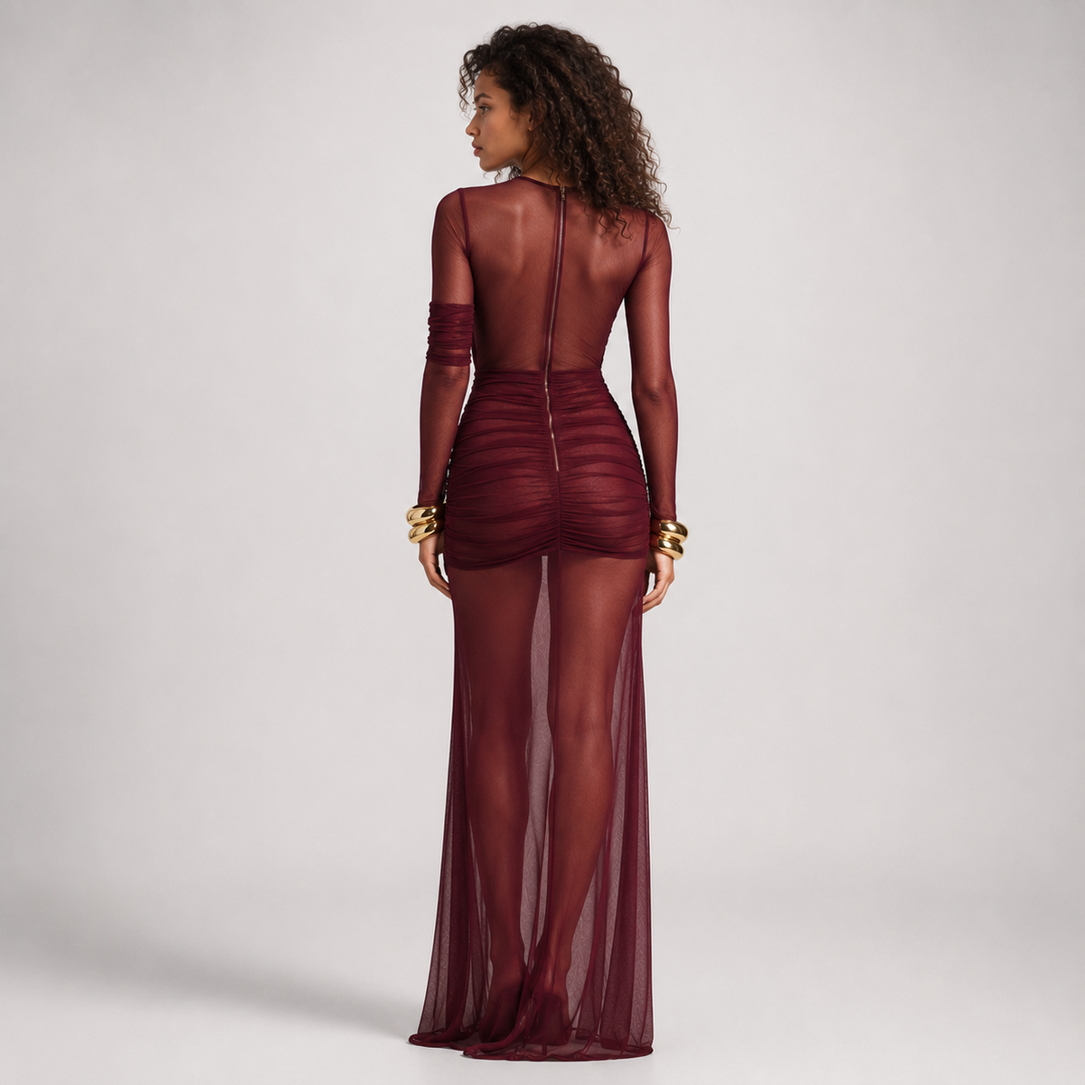 CORDELIA Ruched Mesh Maxi Dress