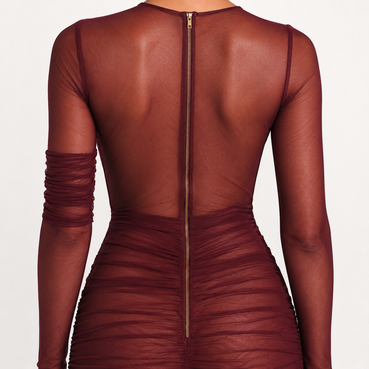 CORDELIA Ruched Mesh Maxi Dress