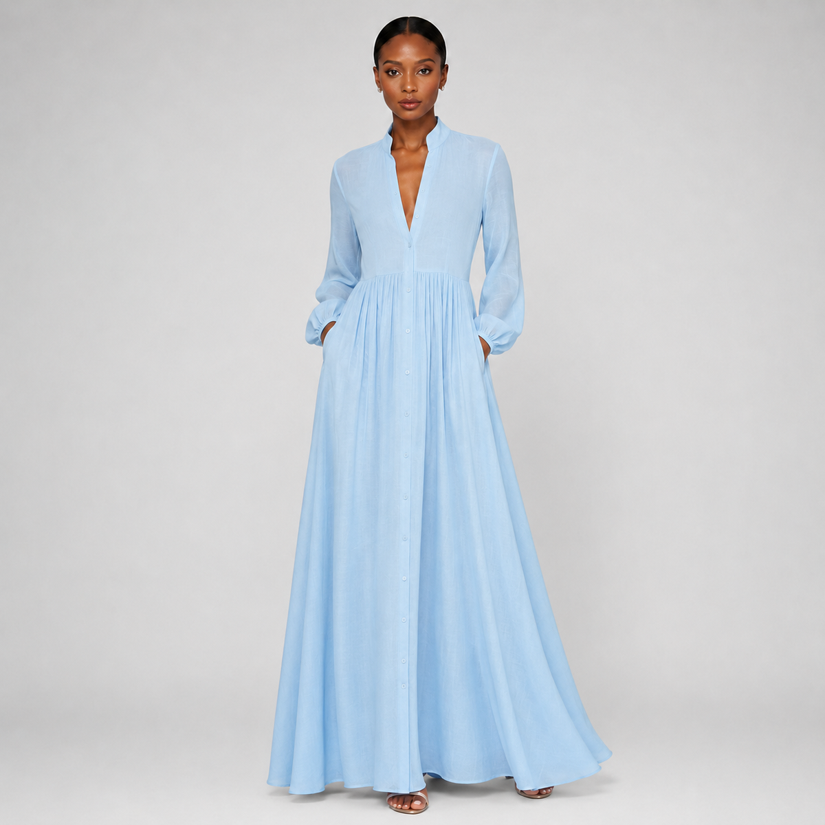 light blue long sleeve maxi dress Women's Elegant Lantern Button Front Floor-Length – Nivalho Studio Wear this blue dress RUIYANQI Women's Platform Loafers Size:Customization 250