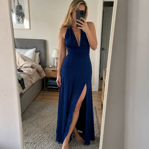 Customer wearing VALENTINA Halter Fluid Maxi Dress