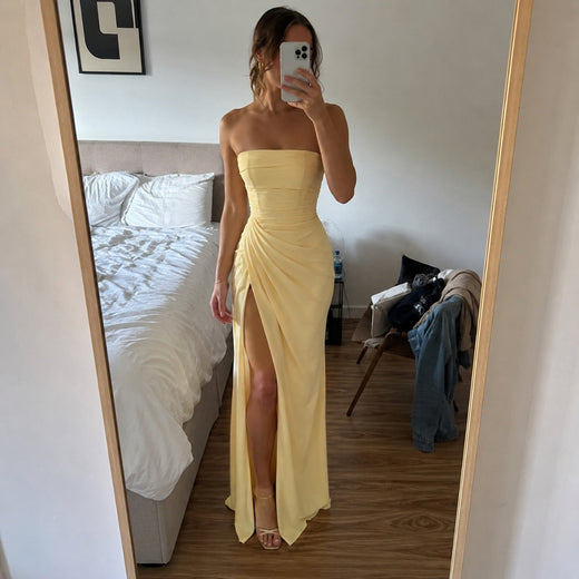 Customer wearing DAPHNE Strapless Draped Maxi Dress