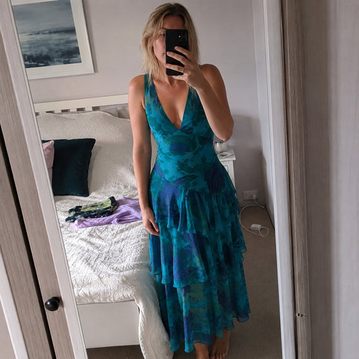 Customer wearing EILEEN V-Neck Plissé Maxi
