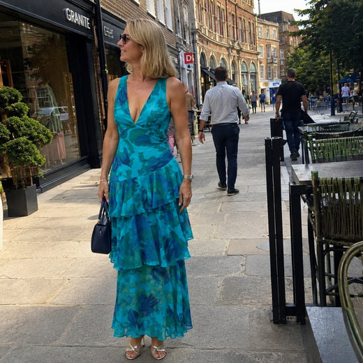 Customer wearing EILEEN V-Neck Plissé Maxi