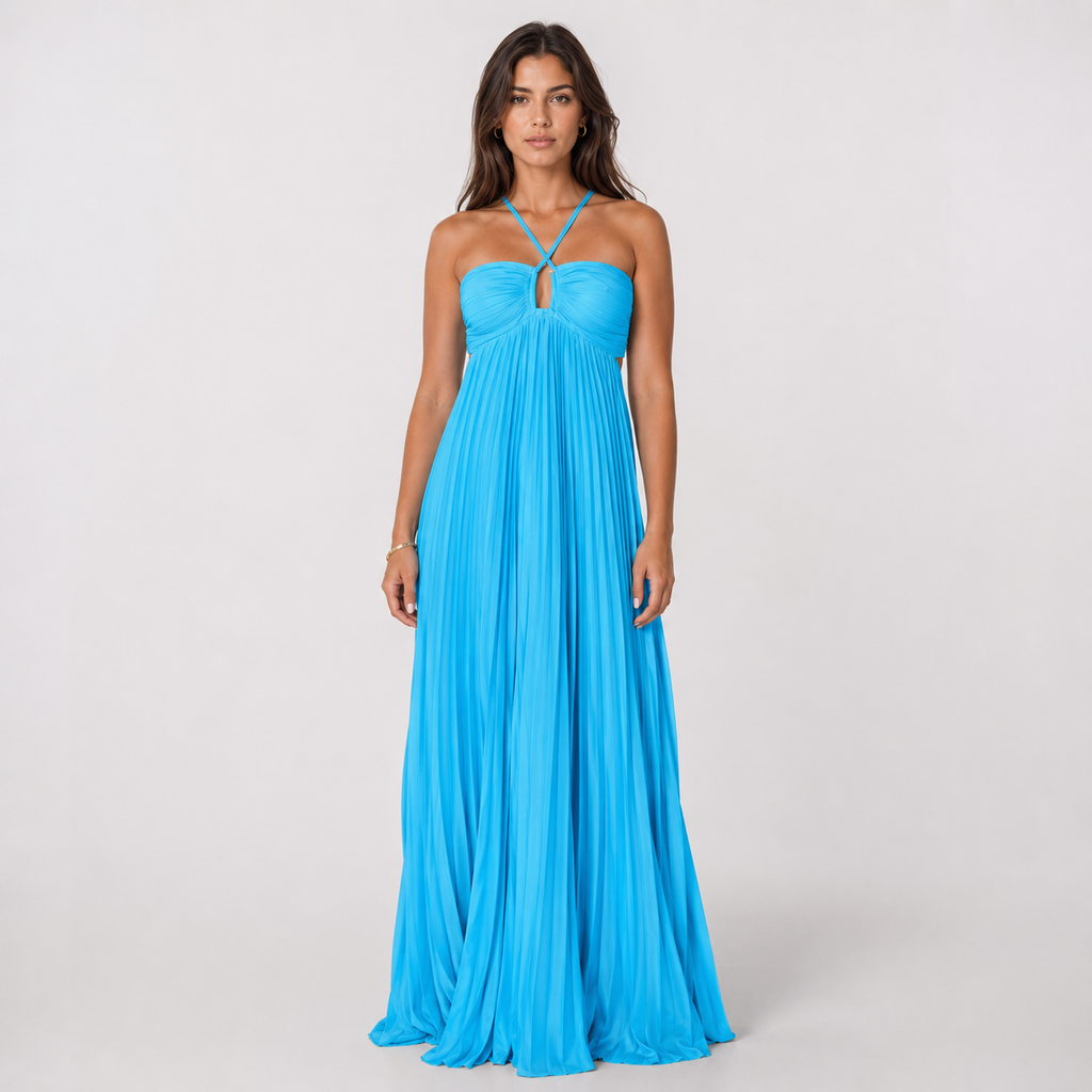 ELISEN Pleated Halter Maxi Dress