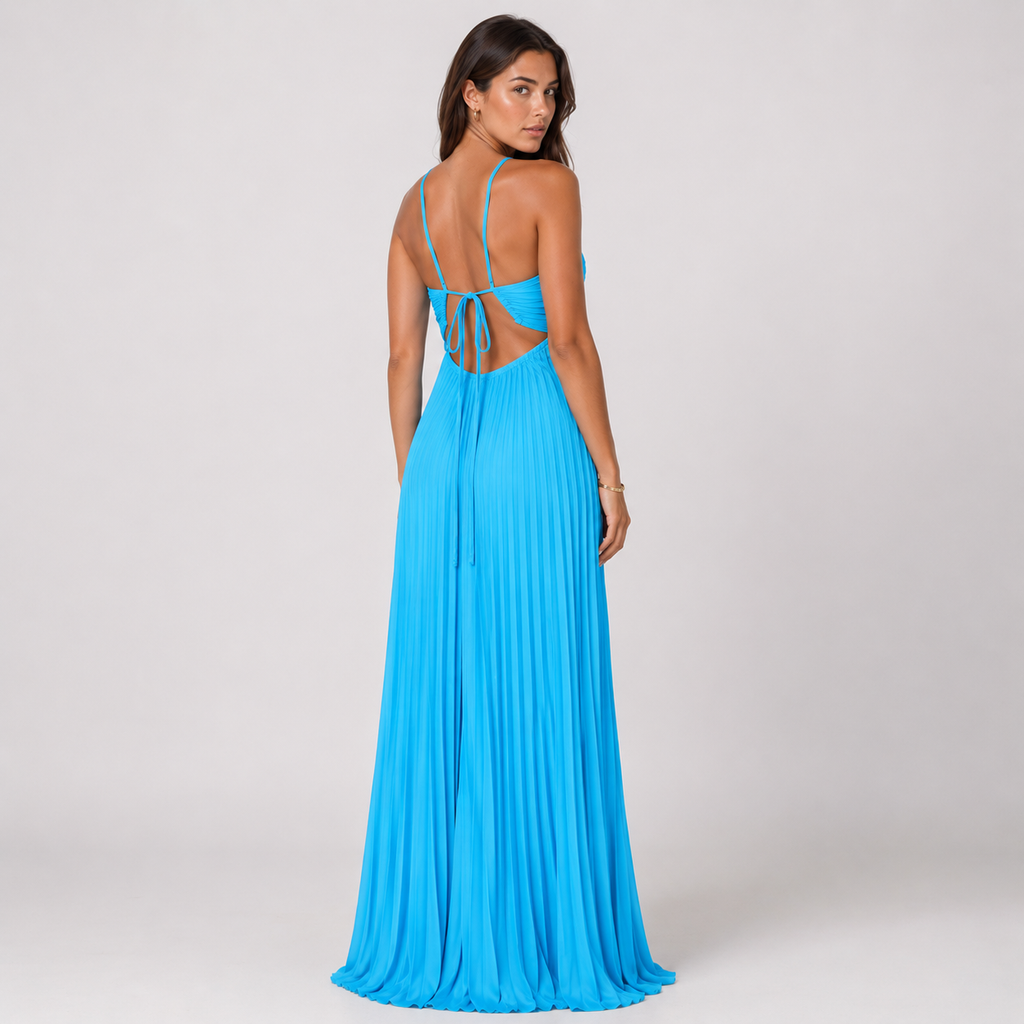 ELISEN Pleated Halter Maxi Dress