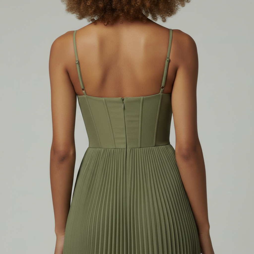 ELISE Green Pleated Midi Dress